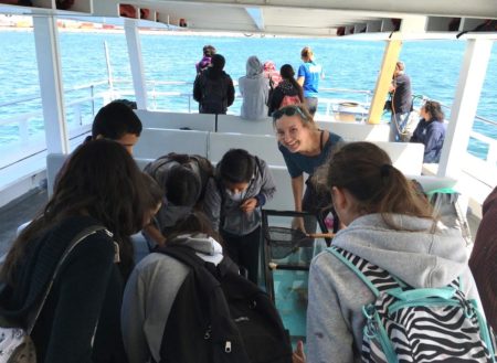 Wendy with students on the Sanitation Districts marine biology boat tours.