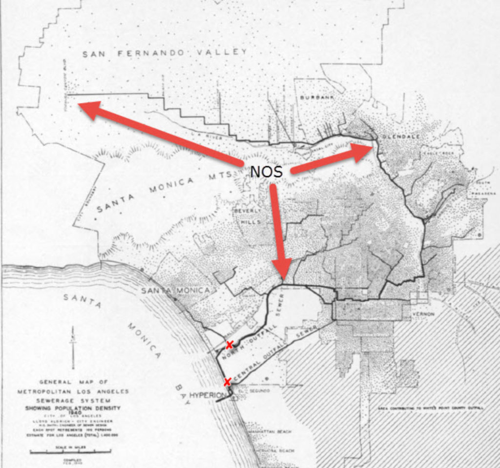 Figure 1. North Sewer Outfall in 1940 (6 mile long inspection segment delineated by red “x’s”)