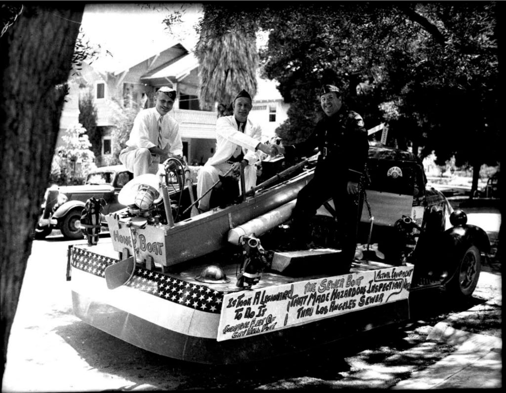 Figure 4. The American Legion “Honey Boat” Parade Float and Reuben Brown (Thanks to Anna Sklar and Angel City Press for use of the photo)